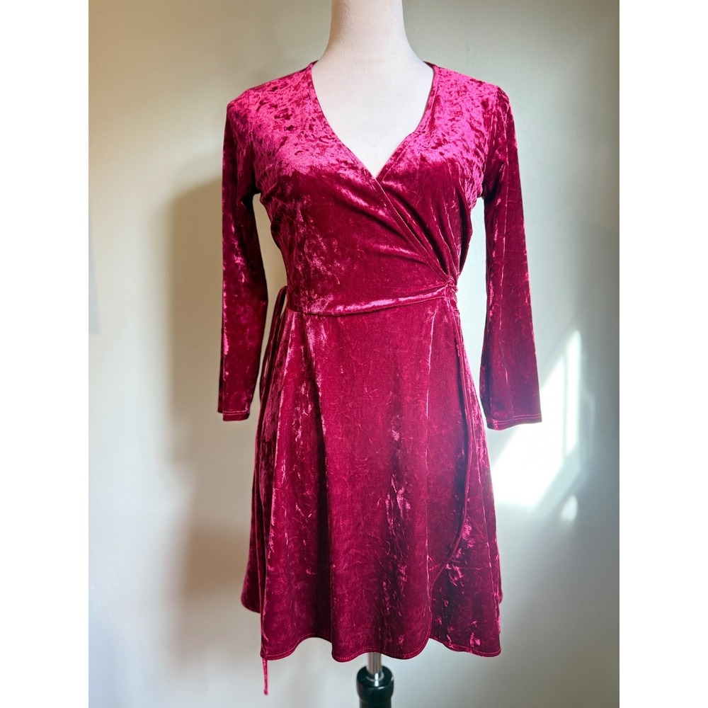 Lulus Crushed Velvet Wrap Dress Wine Long Sleeve Mini xs boho Y2K whimsi